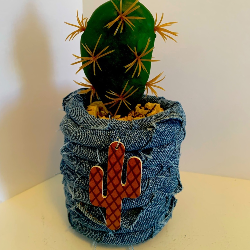 Handmade Reclaimed Denim Wrapped Rope Bowl, with faux cactus, 10"
